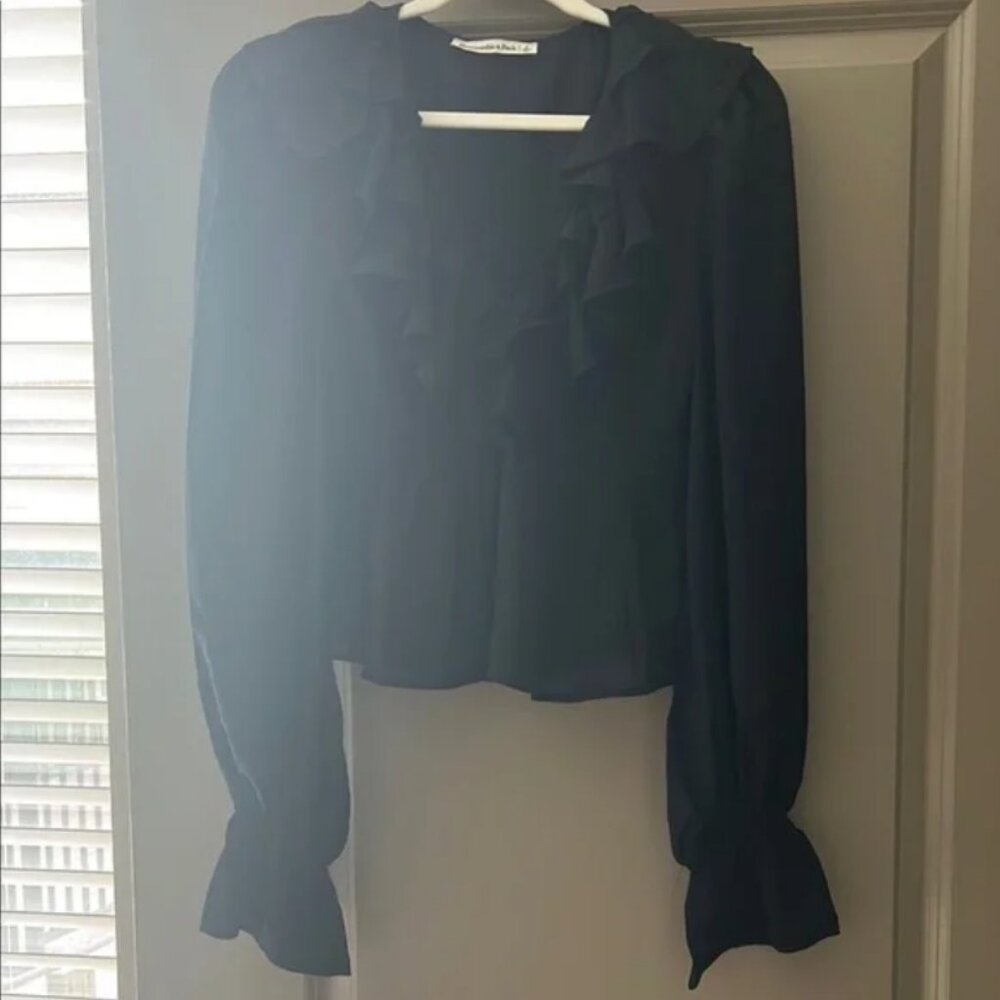 Abercrombie & Fitch Black Sheer Ruffle Blouse | Romantic V-Neck | Size S